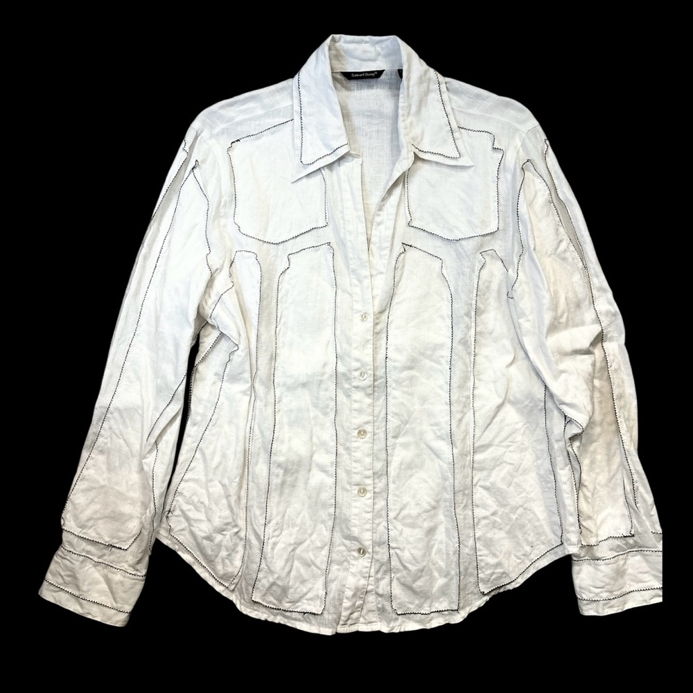 Samuel Dong Linen Button Up Shirt Patchwork White Black Embroidered Western L XL